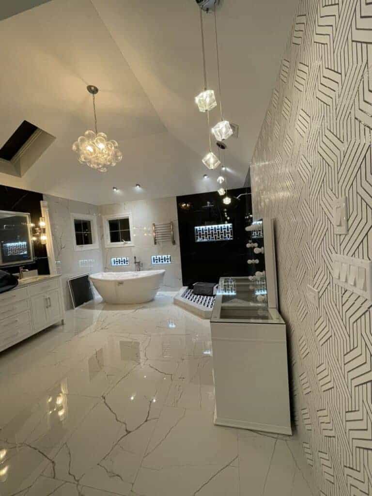 Modern luxury bathroom with elegant lighting and stylish decor.